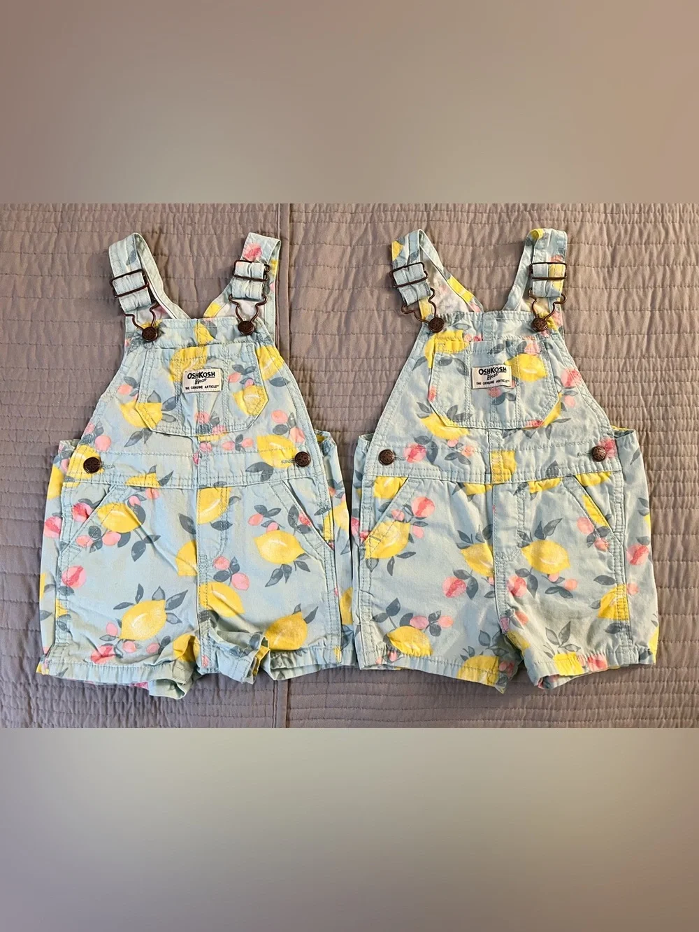TWIN GIRLS | OshKosh B'gosh Light Blue Lemon Print Shortalls 18m